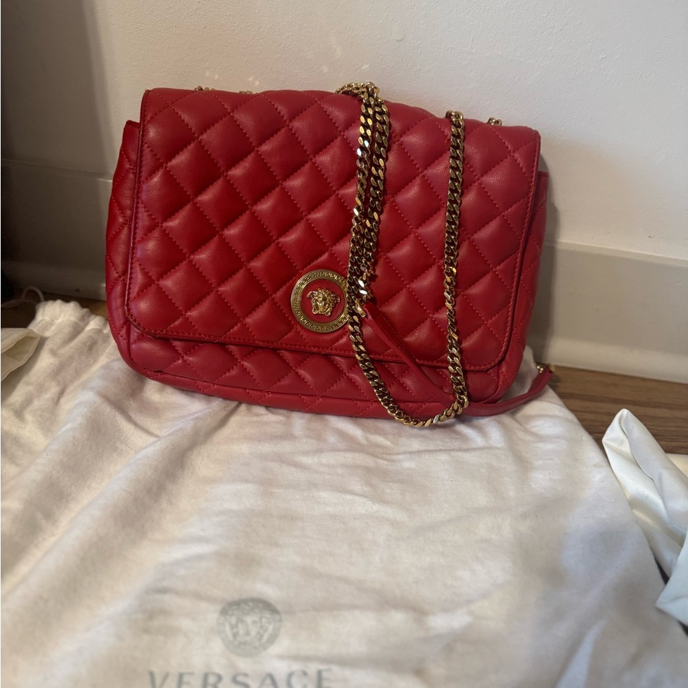 Versace Red Quilted Leather Shoulder Bag with Chain Strap